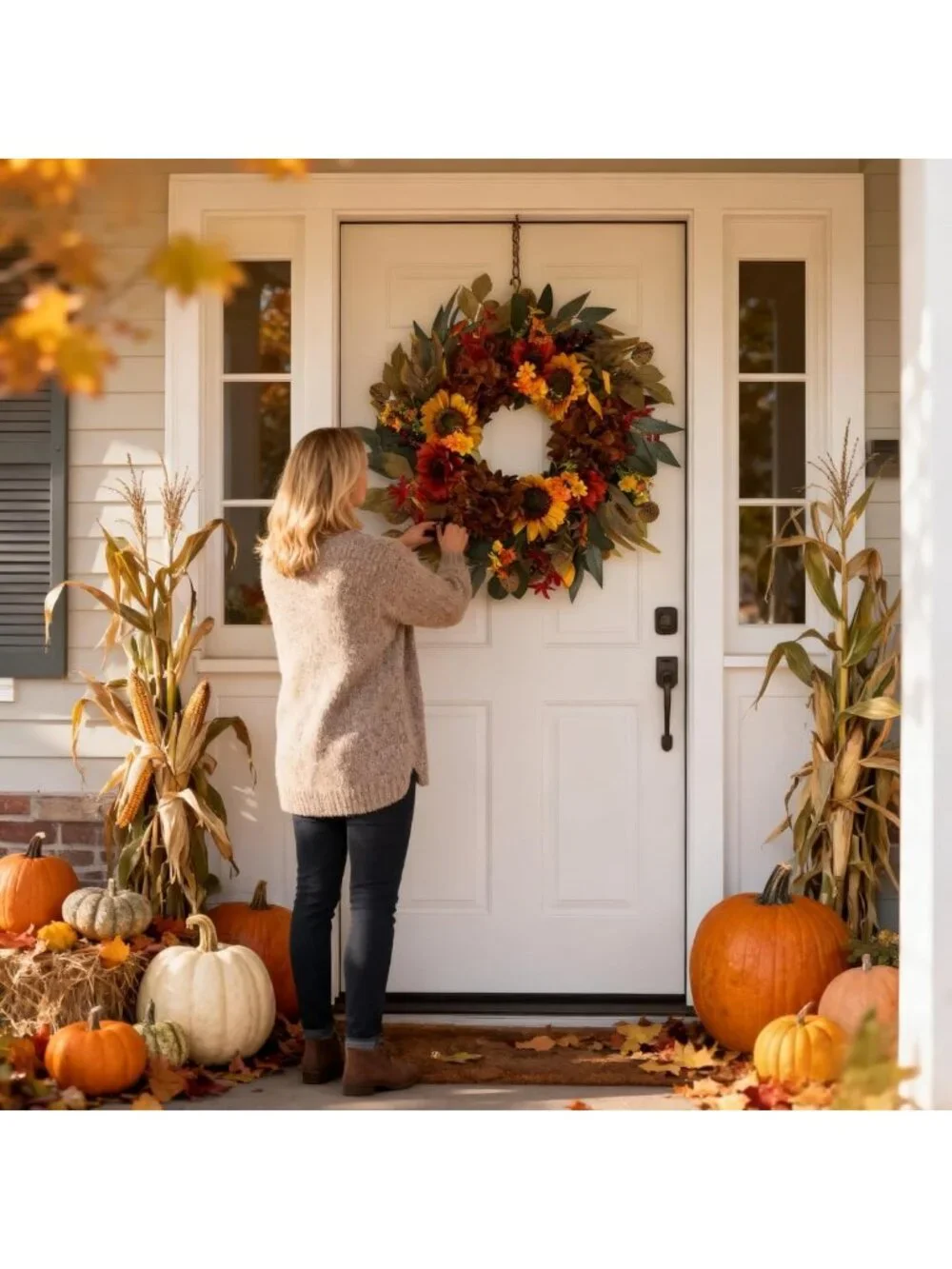 24-Inch Fall Sunflower & Hydrangea Wreath for Autumn Front Door Decor